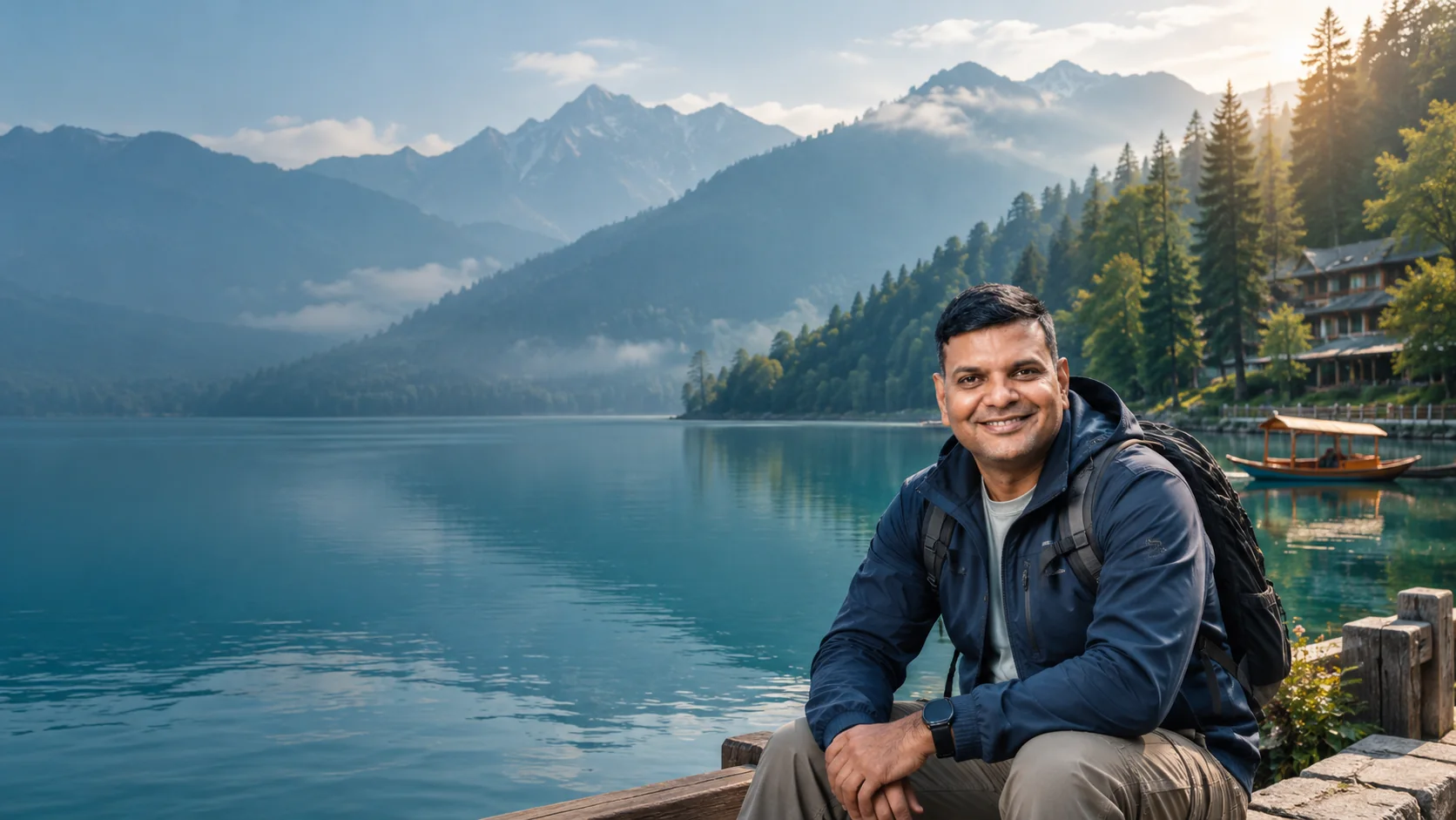 A traveller taking in a peaceful mountain lake and forest scenery